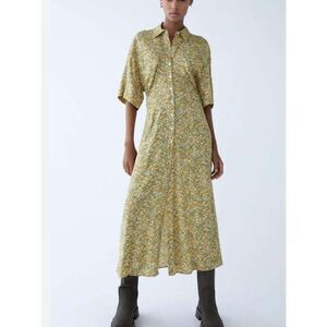 ZARA Yellow Floral Printed Vintage Inspired Maxi Midi Shirt Dress Small NWT Boho